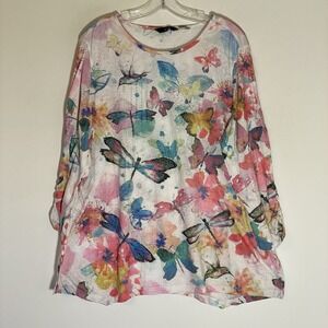 Ali Miles Top Womens 1X Multicolor Pastel Butterfly Dragonfly Hummingbird Artsy